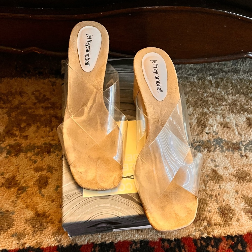 Jeffrey Campbell Clear Strap Tan Suede Wedge Thong Sandal - Picture 6 of 7